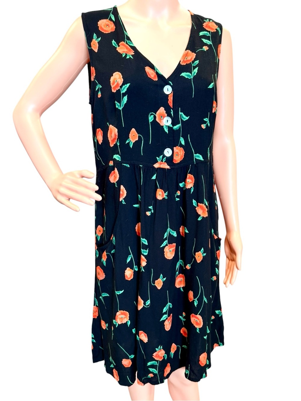 Vintage Dressing Clio Black Floral Dress Orange Poppy Print Medium
